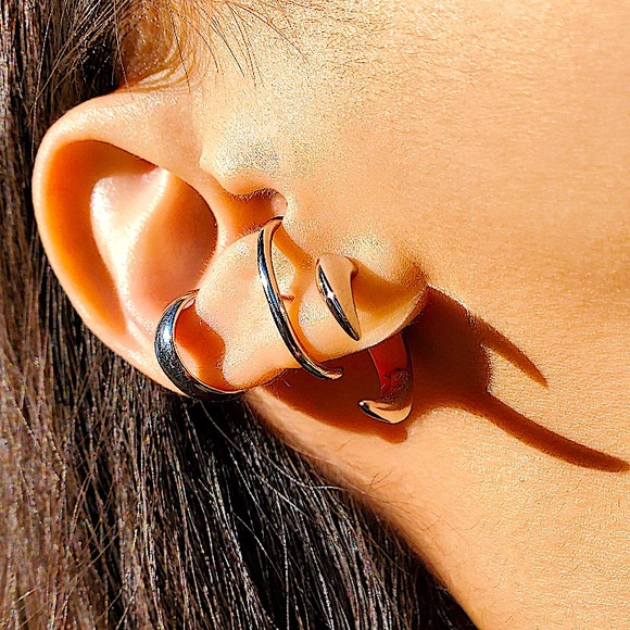 Silver Spiked Horn Earrings Ear Jacket Front Back Spike Minimalist Punk Gothic - Picture 5 of 9